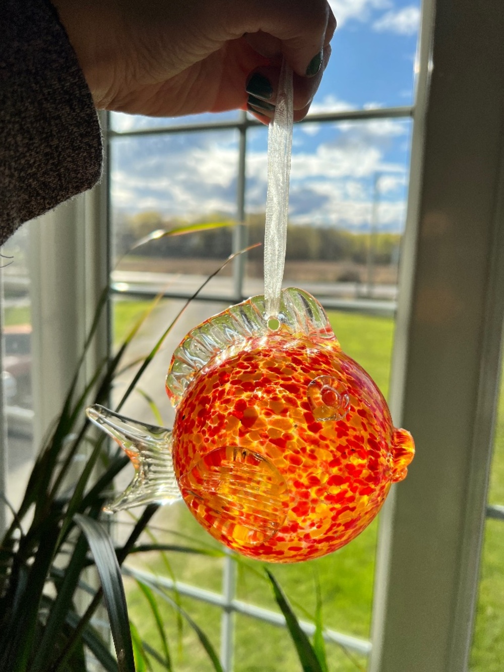 Murano Style Hand Blown Art Glass Puffer Fish Hanging Ornament Made In USA